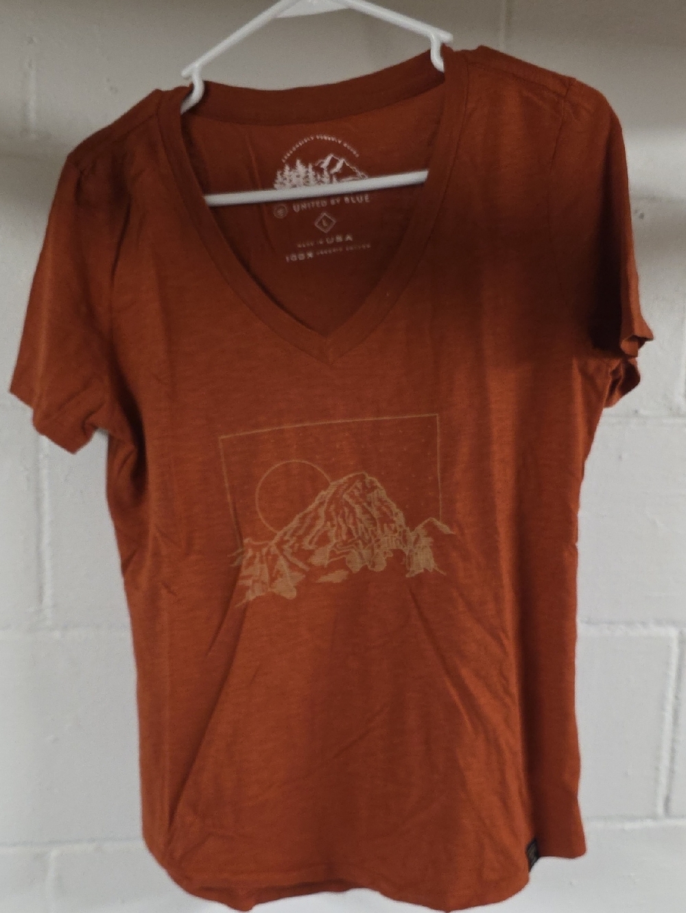 United By Blue Rust Orange Mountain Graphic V-Neck Tee